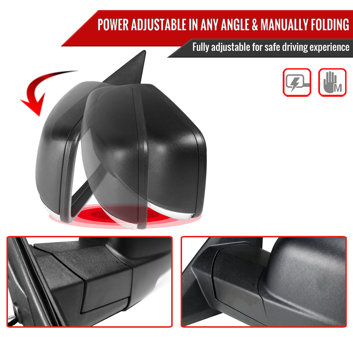 2013-2019 Dodge RAM Black Power Adjustable & Heated Side Mirror w/ LED Turn Signal & Puddle Light - Driver Side Only