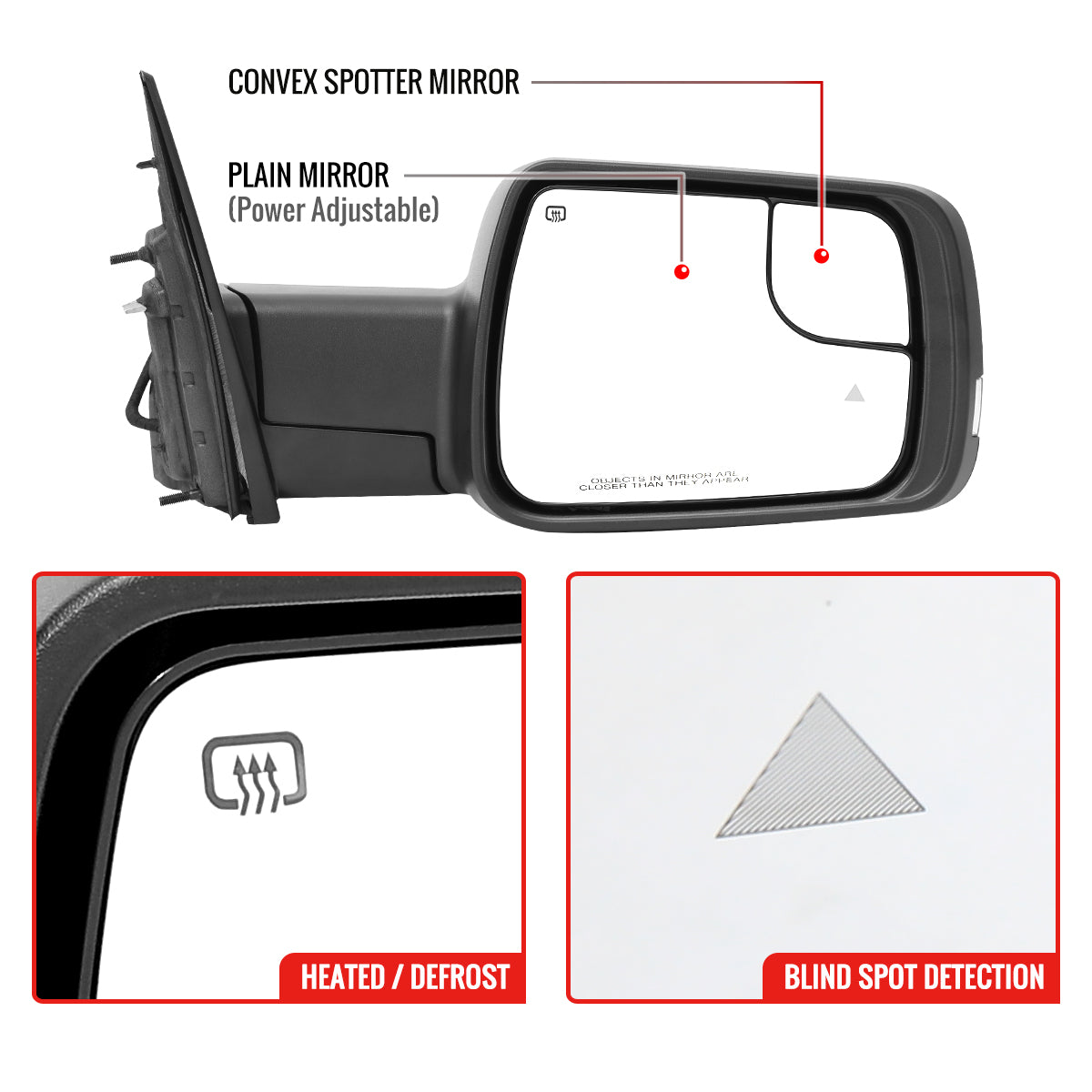 2019-2024 Dodge RAM 1500 Black Power Adjustable, Manual Fold, BSD & Heated Side Mirror w/ LED Puddle and Turn Signal Light - Passenger Side Only