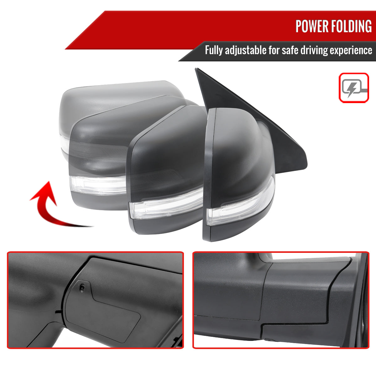 2019-2024 Dodge RAM 1500 Black Power Adjustable, Auto-Fold, BSD & Heated Side Mirror w/ LED Puddle and Turn Signal Light - Passenger Side Only