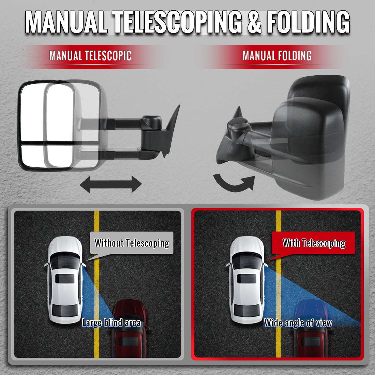 1988-2002 Chevrolet C/K C3500/Tahoe GMC Yukon/Suburban Manual Adjustable & Extendable Towing Mirrors