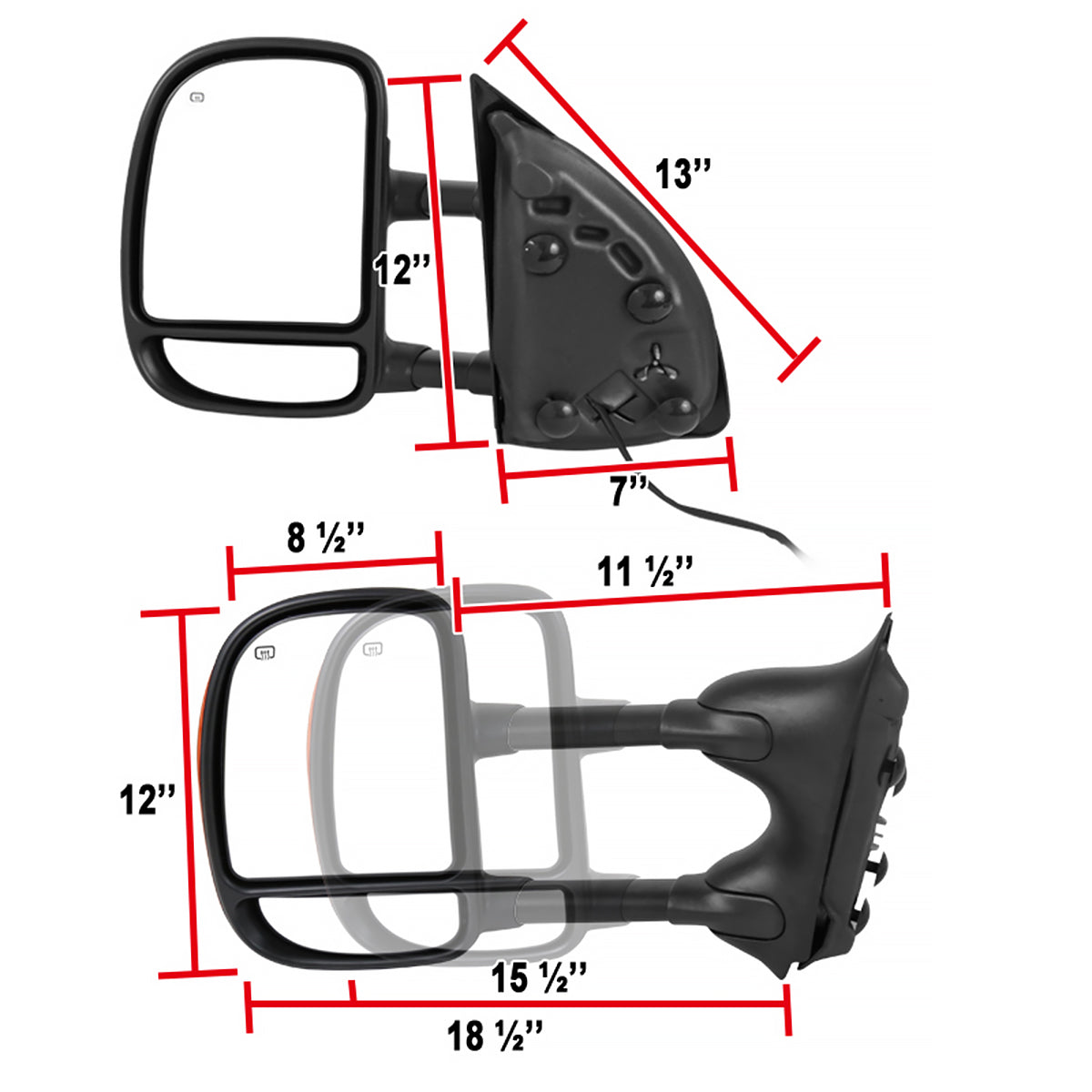 1999-2007 Ford F-250/F-350/F-450/F-550 Excursion Power Adjustable, Heated, & Manual Extendable Towing Mirrors w/ Amber Lens LED Turn Signal Lights