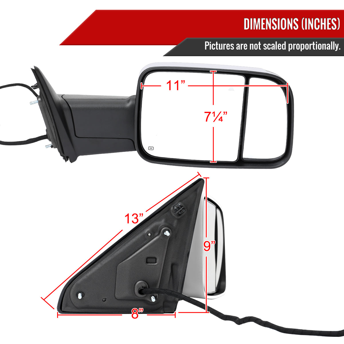 2019-2022 Ram 2500 3500 Chrome Power Adjustable, Manual Fold, BSD & Heated Side Mirror w/ LED Puddle and Turn Signal Light - Passenger Side Only