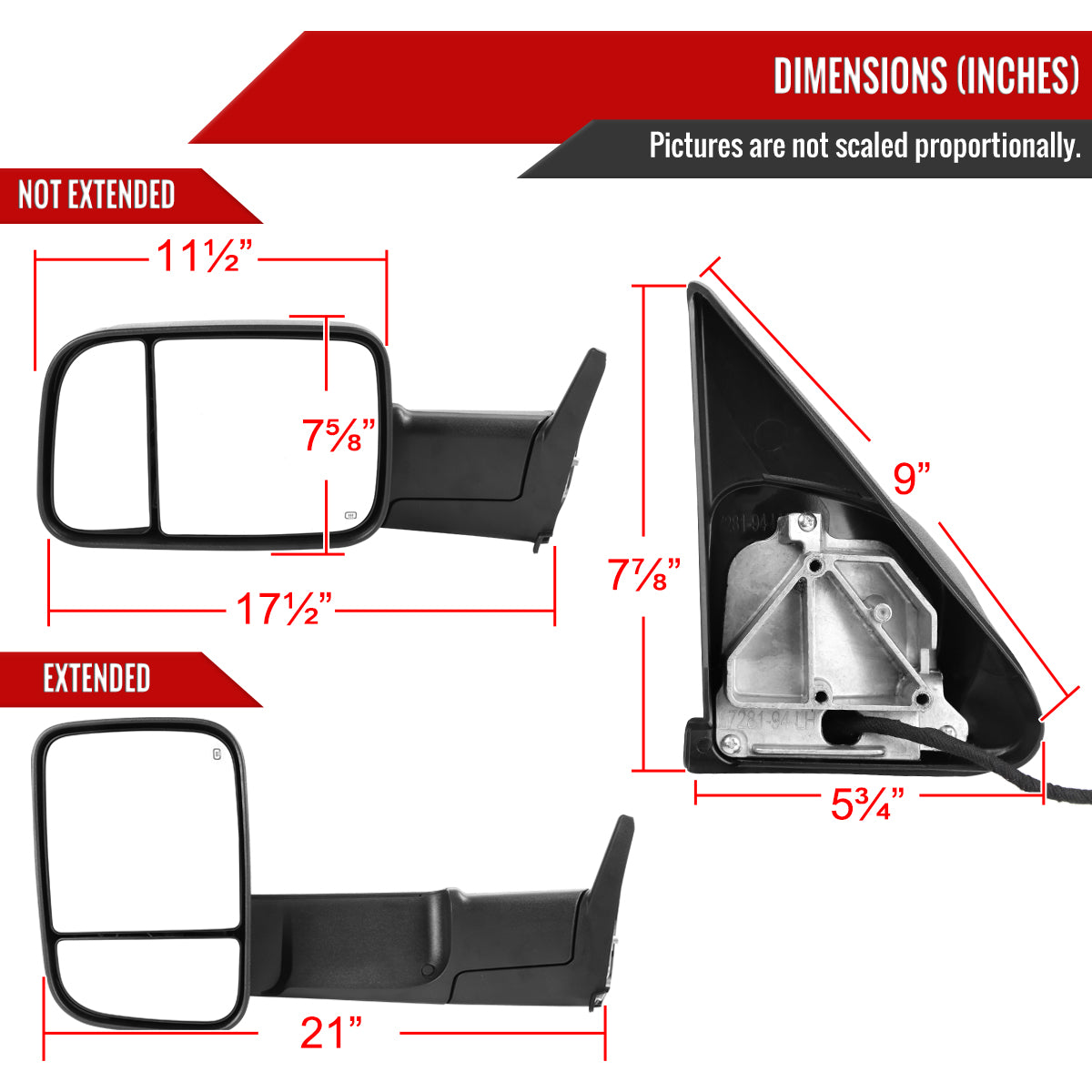 1998-2001 Dodge RAM 1500/1998-2002 RAM 2500/3500 Black Power Heated Towing Mirrors With Clear Lens LED Turn Signal