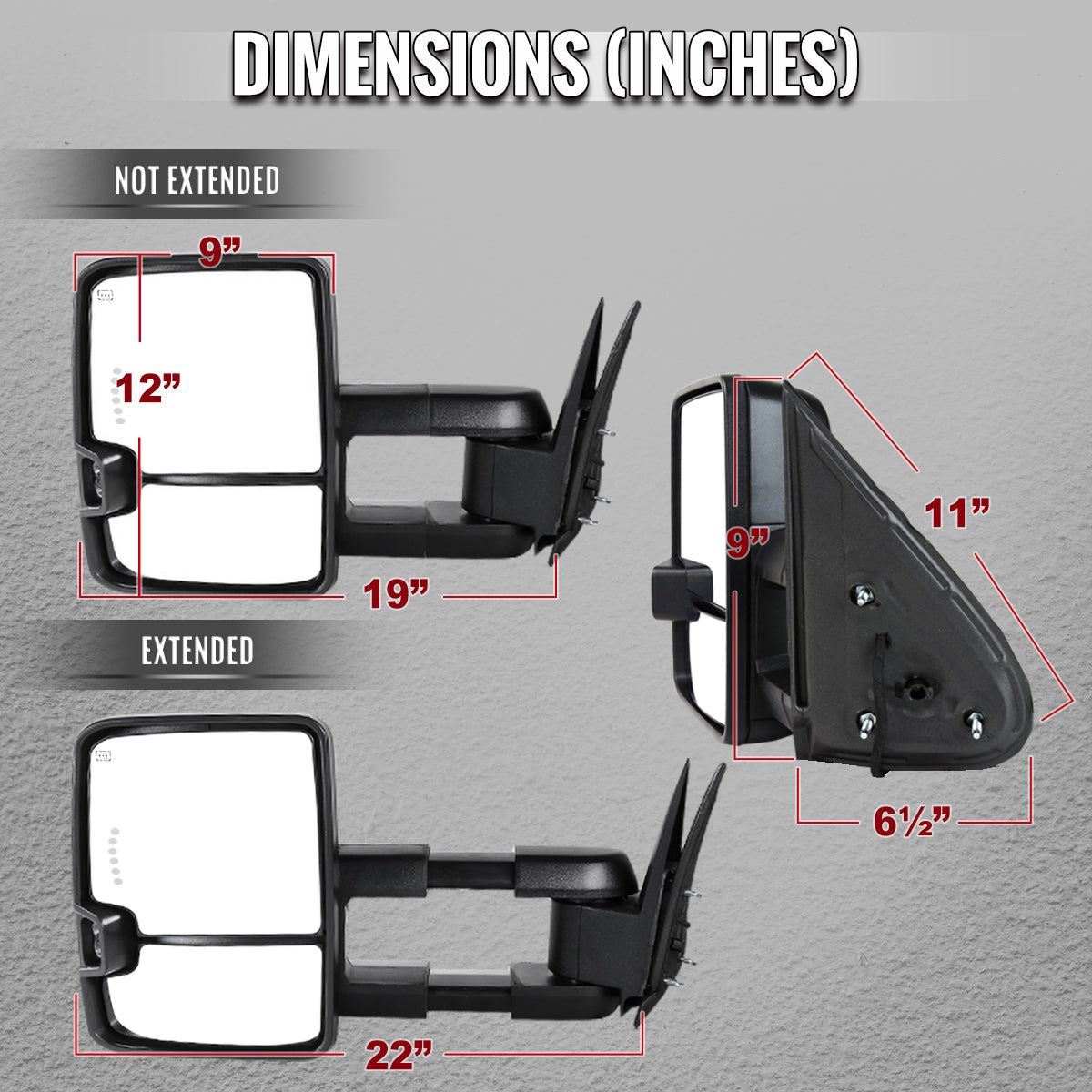 2002-2007 Chevrolet Silverado / Suburban / Tahoe / Avalanche GMC Sierra / Yukon / Yukon XL Power Adjustable, Heated, & Manual Extendable Towing Mirrors w/ Smoked Lens LED Turn Signal & Clearance Lights