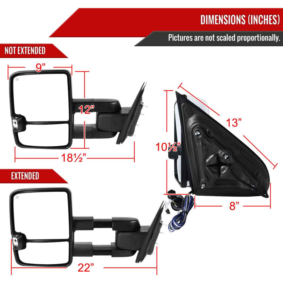 2014-2016 Chevrolet Silverado/GMC Sierra Power Heated ATS Manual Extendable Chrome Towing Mirrors w/ Smoked Lens LED Turn Signal & Clearance Lights