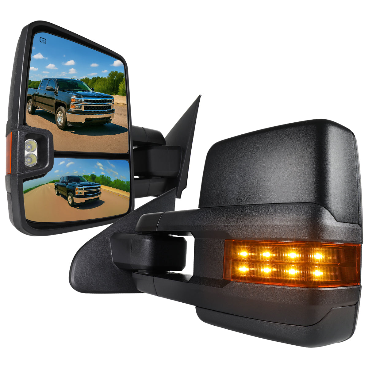2014-2018 Chevrolet Silverado/GMC Sierra Power Heated Manual Extendable Towing Mirrors w/ Amber Lens LED Turn Signal & Clearance Lights