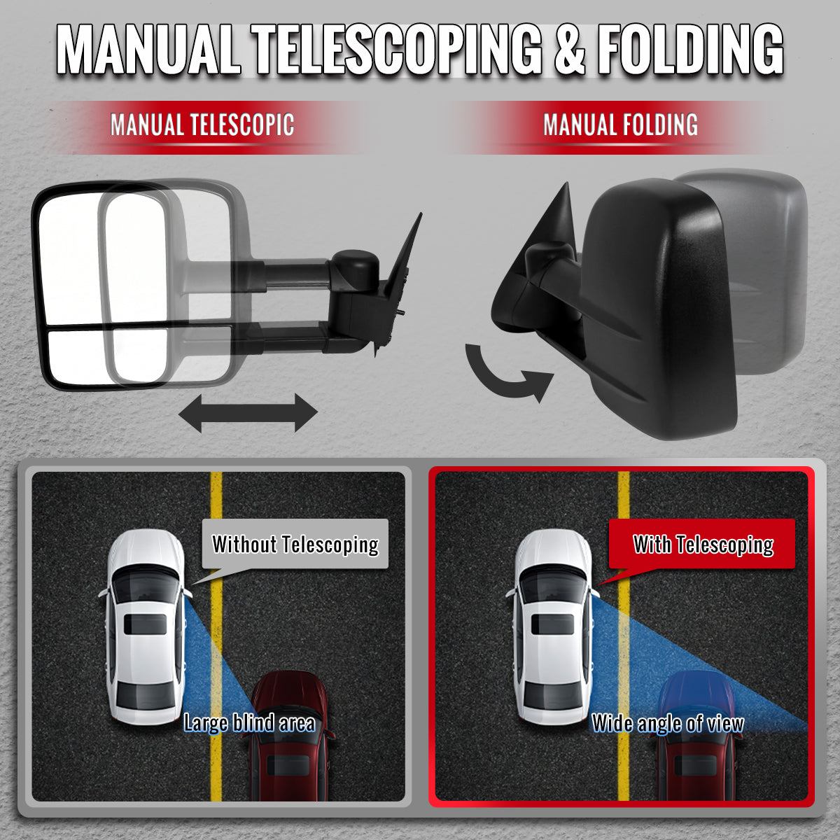 1999-2007 Chevrolet Silverado/Tahoe/Suburban GMC Sierra/Yukon XL Manual Adjustable & Extendable Black Cover Towing Mirrors