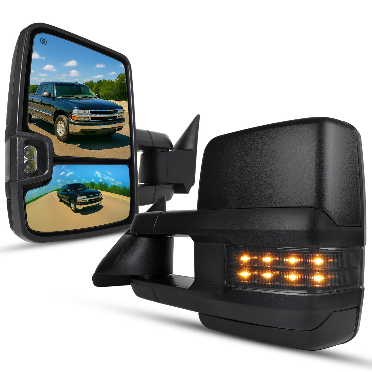 1999-2002 Chevrolet Silverado/Tahoe/Suburban/Avalanche GMC Sierra/Yukon/Yukon XL Power Heated Manual Extendable Towing Mirrors w/ Smoked Lens LED Turn Signal & Clearance Lights