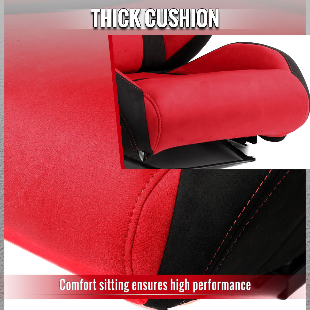 Universal Fully Reclinable Black Red Suede Bucket Racing Seat w/ Sliders - Passenger Side Only