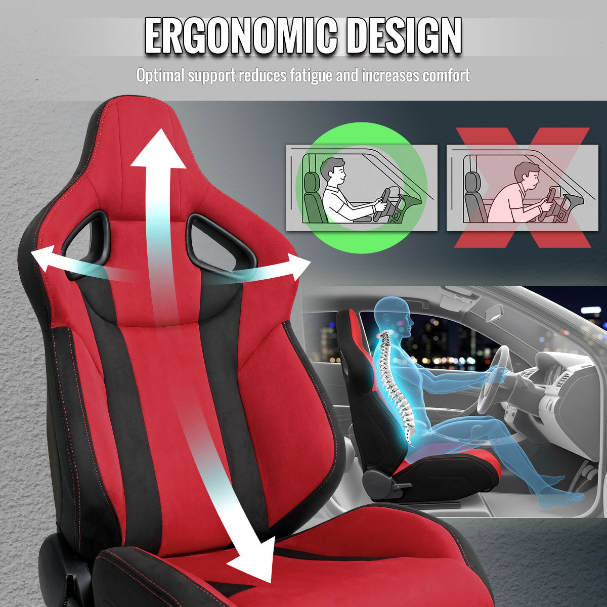 Universal Fully Reclinable Black Red Suede Bucket Racing Seat w/ Sliders - Passenger Side Only