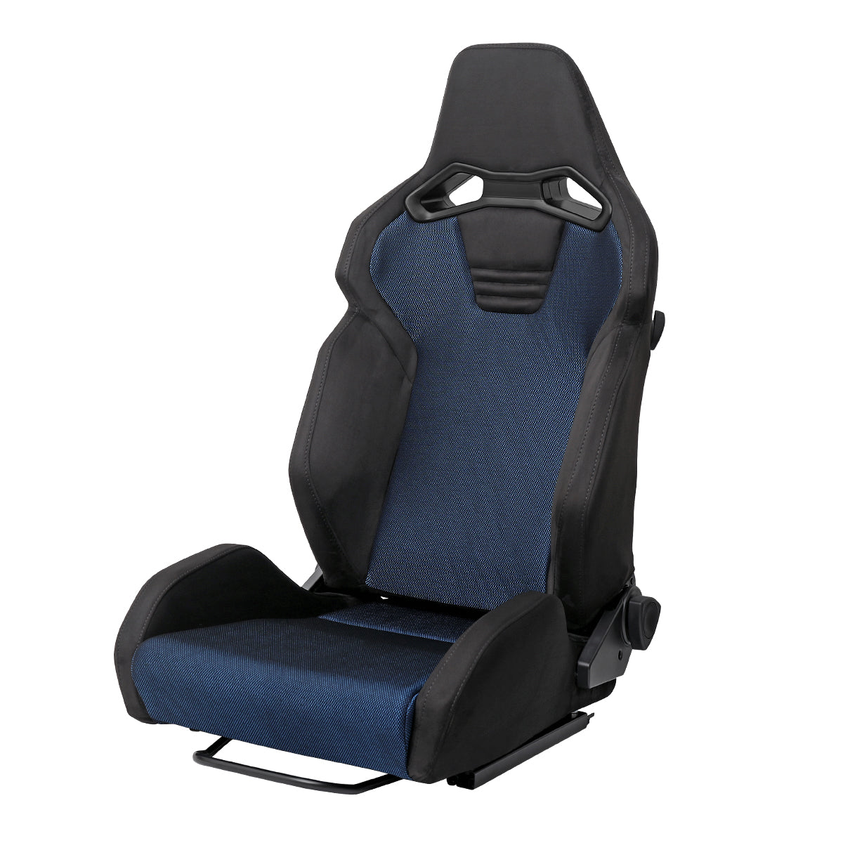 Universal Fully Reclinable Black Suede Blue Mesh Bucket Racing Seat w/ Sliders - Single Seat