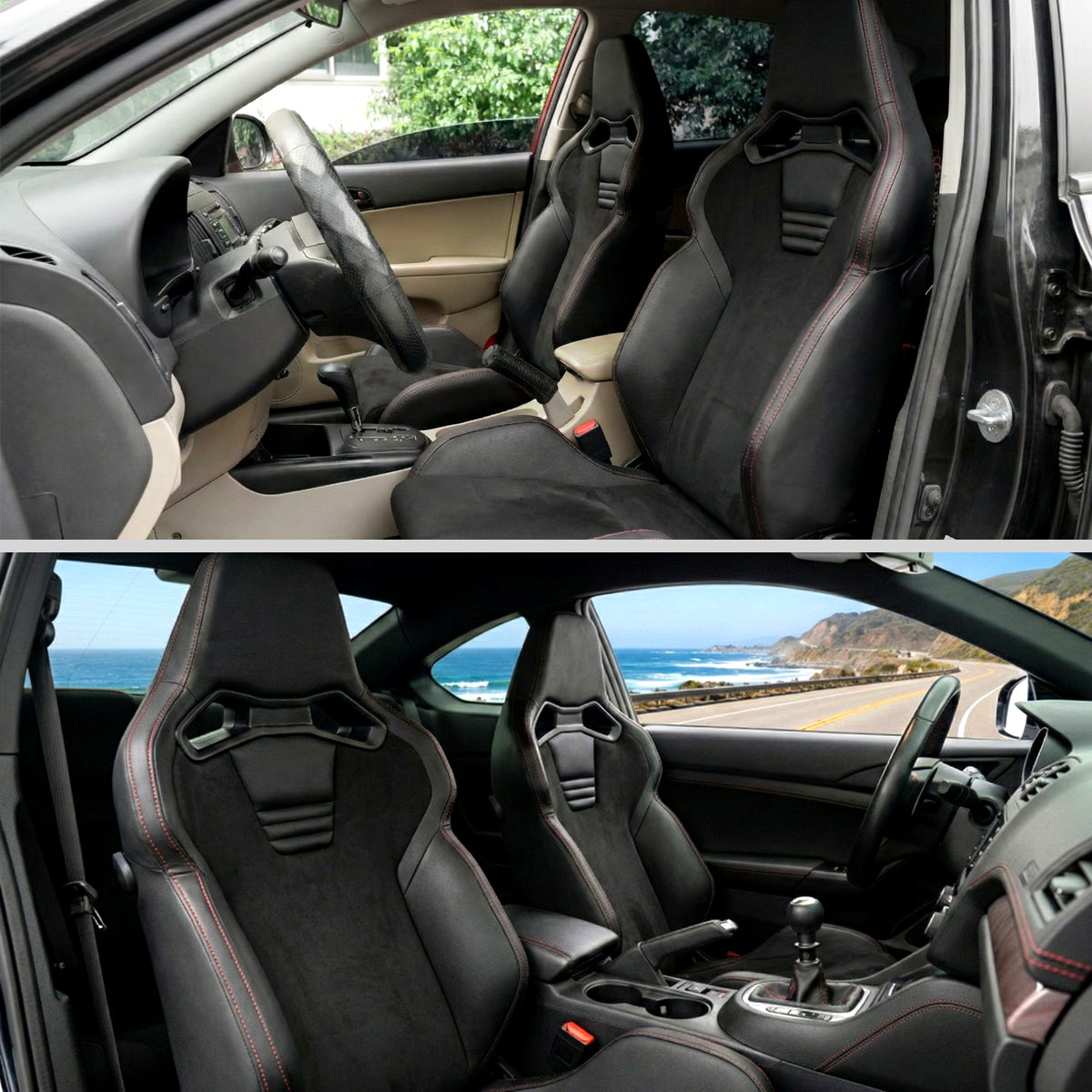 Universal Fully Reclinable Black PU Leather Suede Bucket Racing Seat w/ Sliders - Single Seat