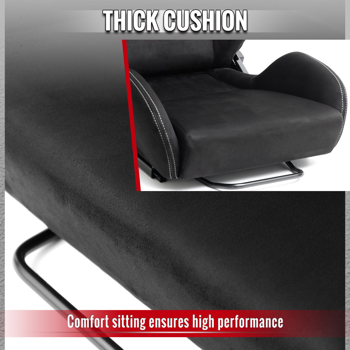 Universal Fully Reclinable Black Suede Silver Stitch High Bolster Bucket Racing Seat w/ Sliders - Single Seat