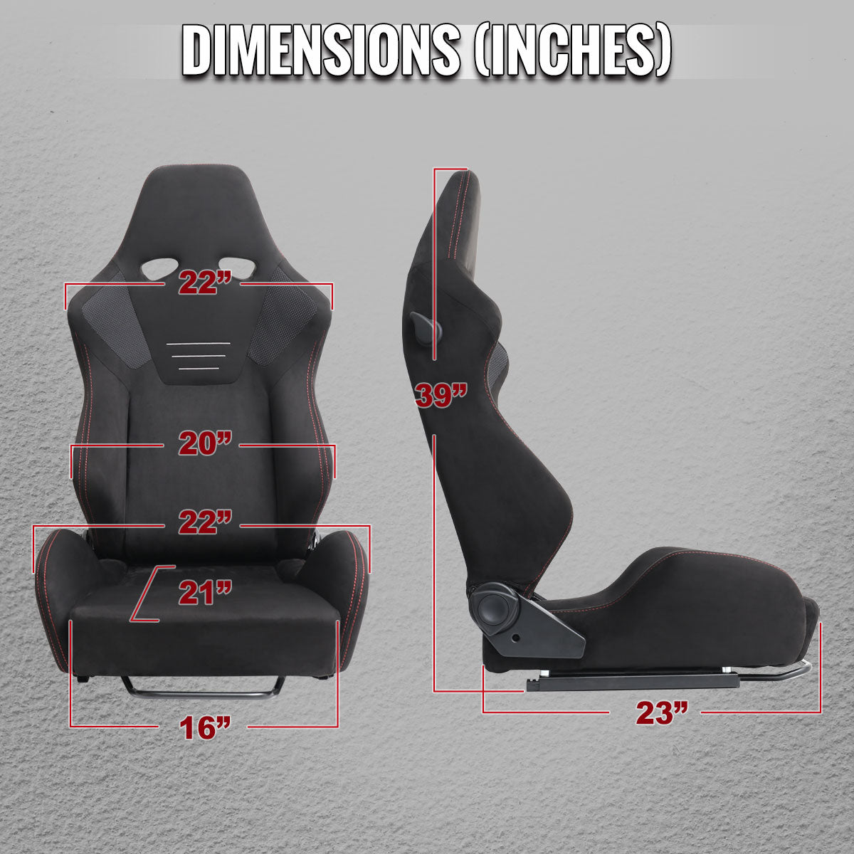 Universal Fully Reclinable Black Suede Red Stitch Bucket Racing Seat w/ Sliders - Single Seat