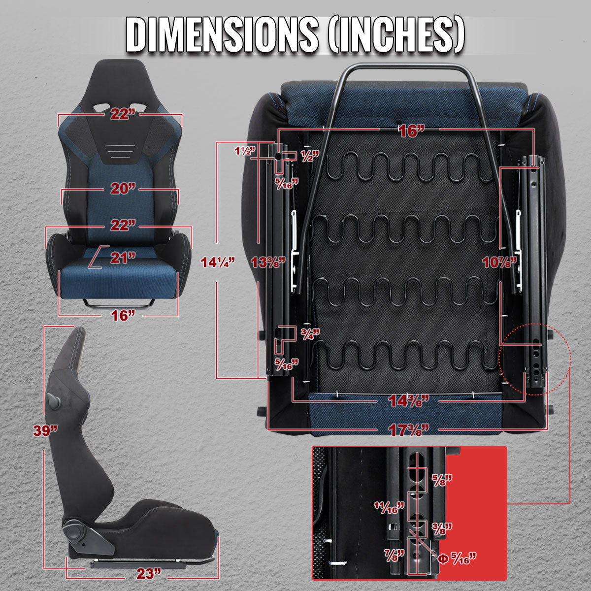 Universal Fully Reclinable Black Suede Blue Mesh High Bolster Bucket Racing Seat w/ Sliders - Single Seat