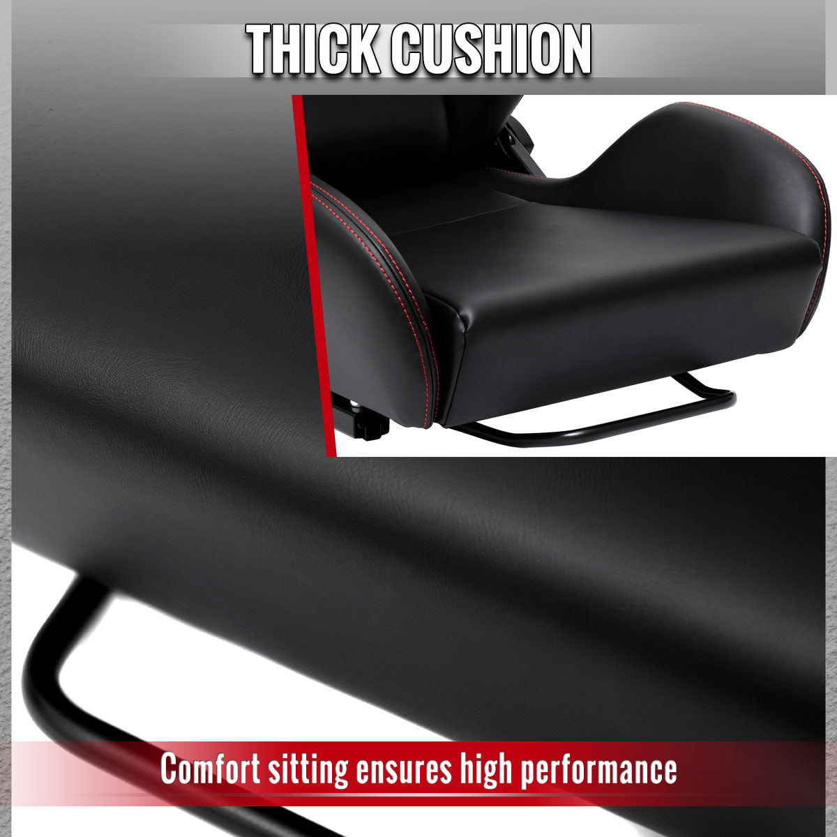 Universal Fully Reclinable Black PU Leather Bucket Racing Seat w/ Sliders - Single Seat