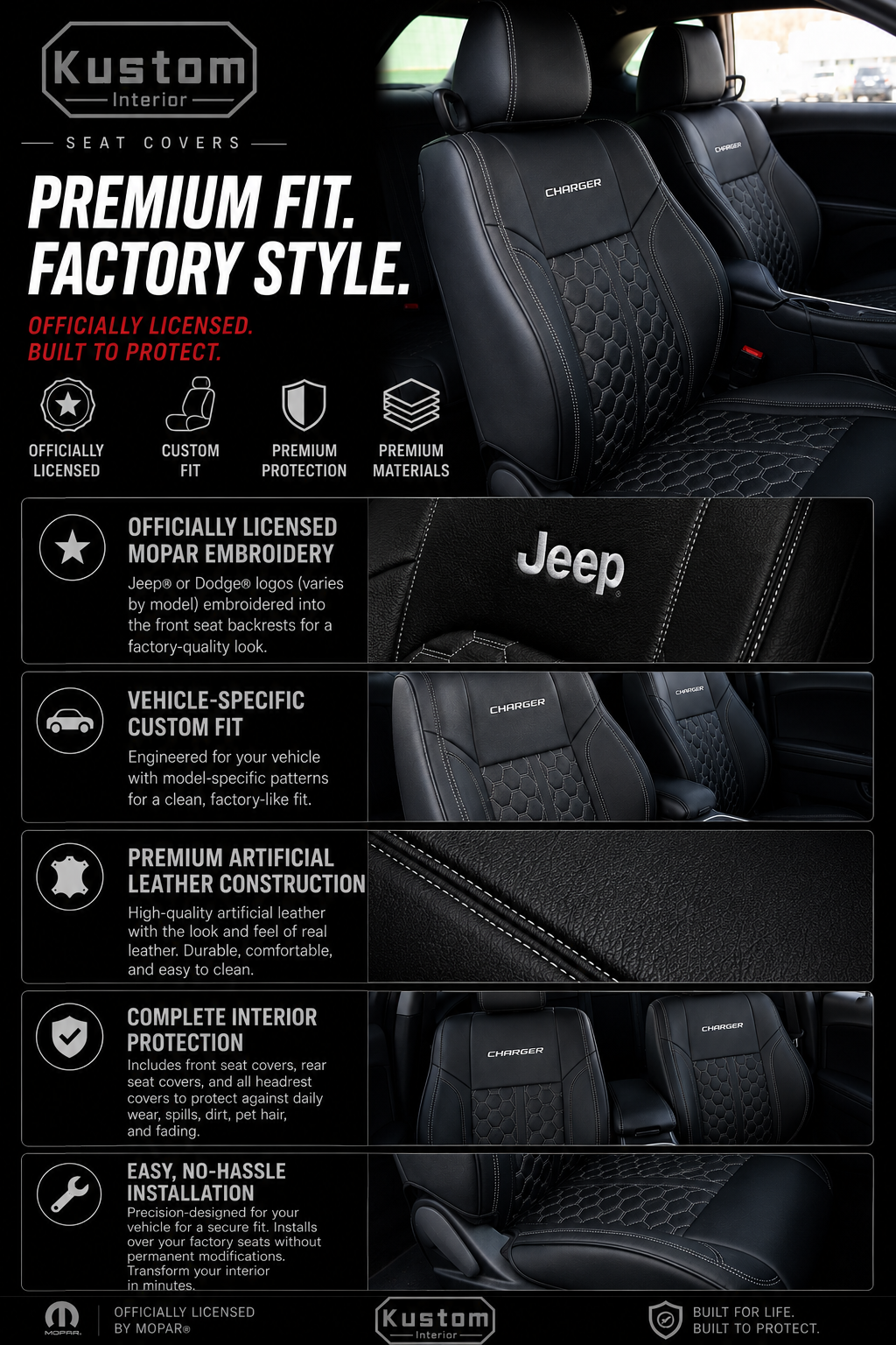 Kustom Interior Custom Fit Seat Covers - Premium Artificial Leather, Front & Rear Seat Protection with Embroidered Logos for Dodge Charger/Challenger & Jeep Wrangler/Gladiator