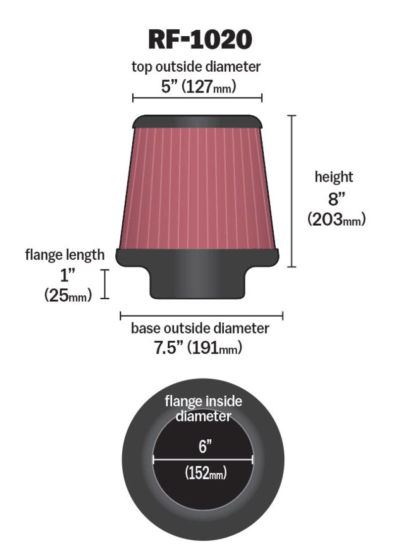 K&N Universal Air Filter 6in Flange ID x 7.5in Base / 5in OD Top x 8in H-SR1 Performance