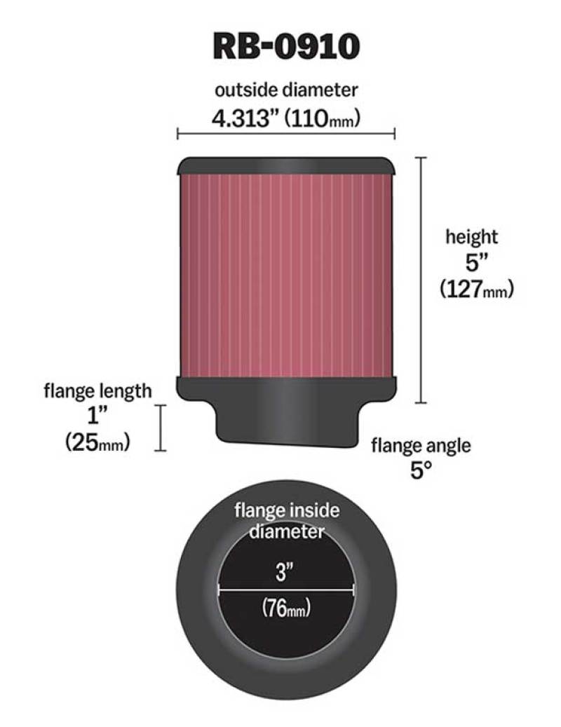 K&N Universal Rubber Filter 3 inch 5 Degree FLG 4 1/2 inch OD 5 inch Height-SR1 Performance