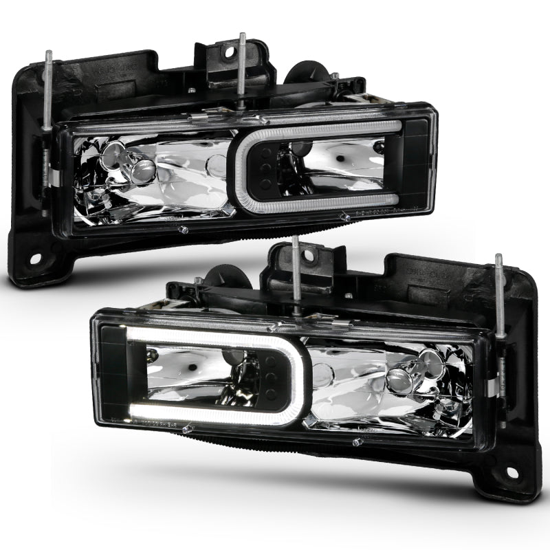 ANZO 1999-2000 Cadillac Escalade Crystal Headlights with LED Light Bar - Black Housing Pair