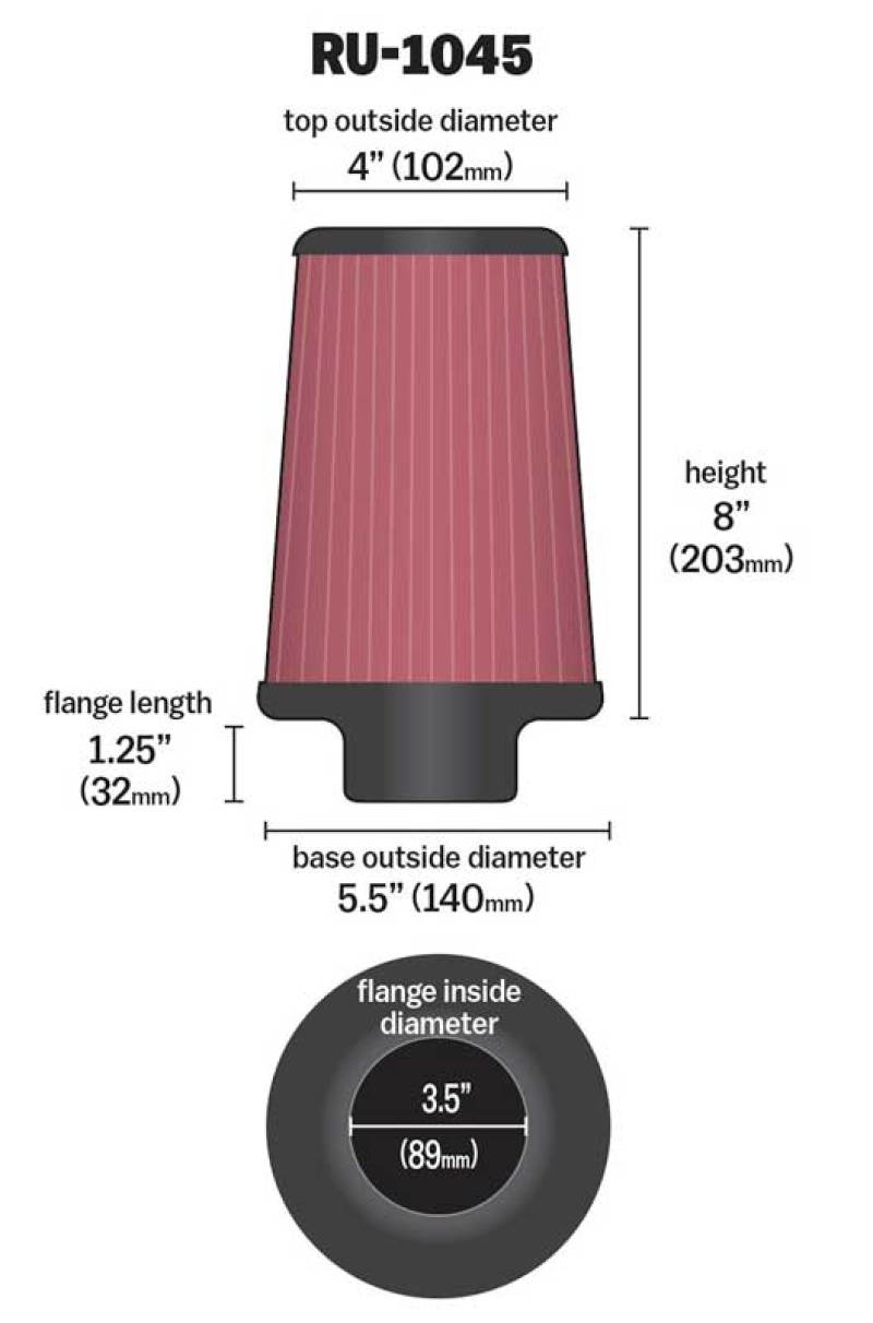 K&N Universal Tapered Filter 3.5in Flange ID x 5.5in Base OD x 4in Top OD x 8in Height-SR1 Performance