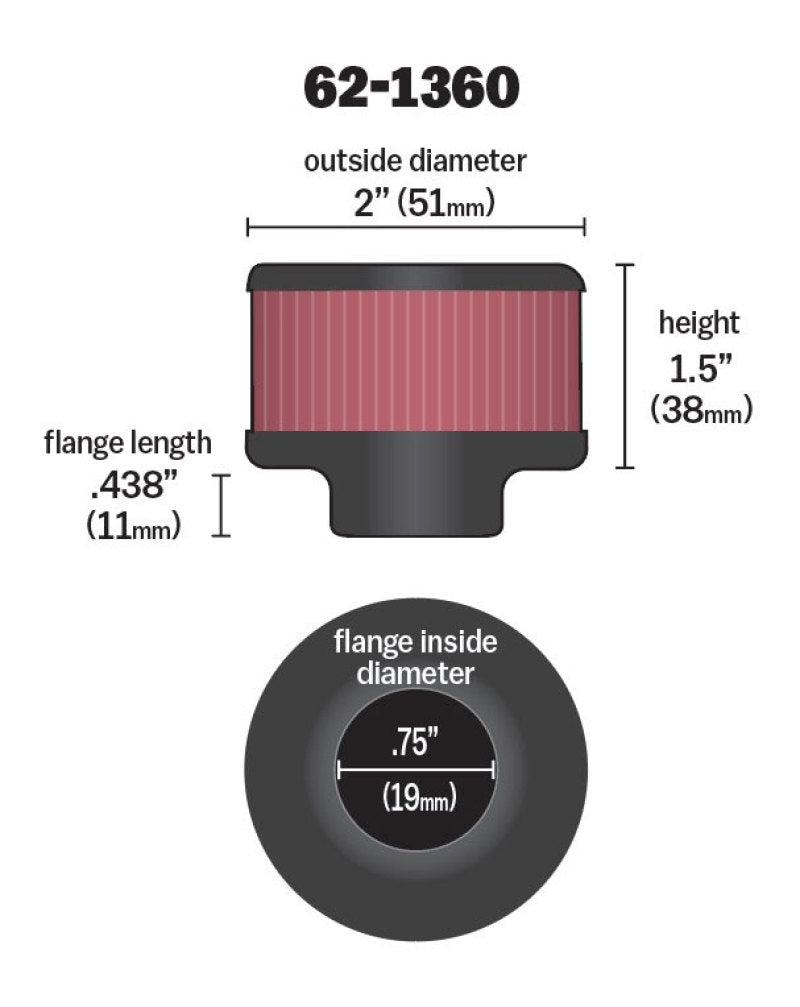 K&N 3/4 inch ID 2 inch OD 1.5 inch H Clamp On Crankcase Vent Filter-SR1 Performance