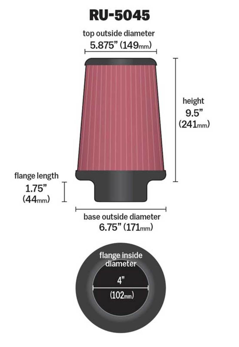 K&N Filter 4 inch Flange 6 3/4 inch OD Base 5 7/8 inch OD Top 9 1/2 inch Height-SR1 Performance