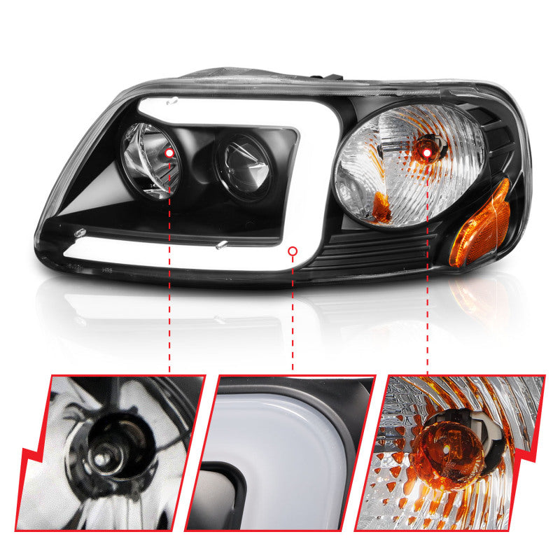 ANZO 1997-2003 Ford F-150 Projector Headlights w/ Light Bar Black Housing