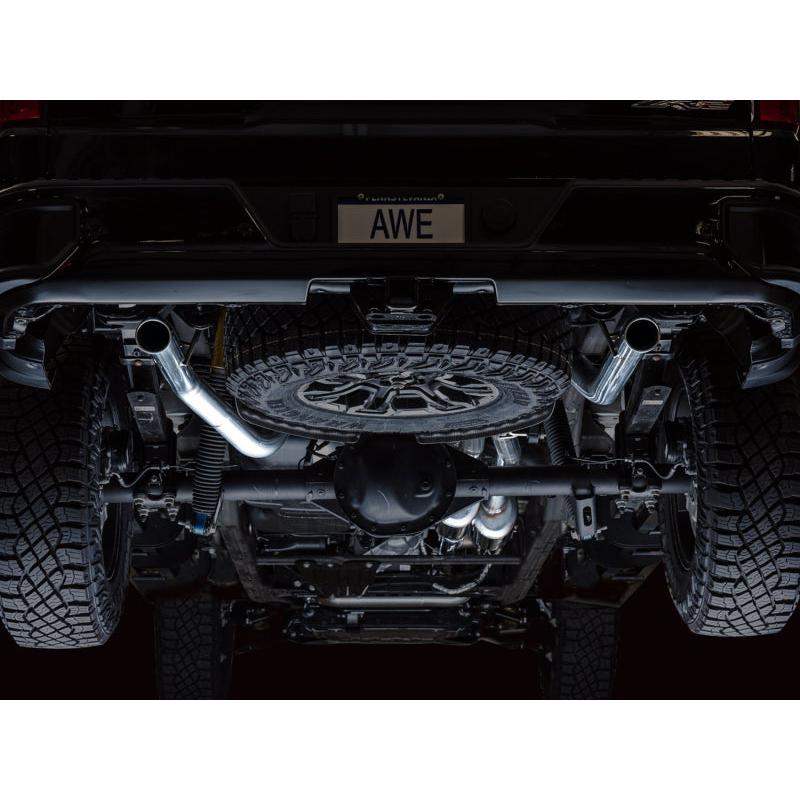 AWE Tuning 22-23 GMC Sierra 1500 AT4X 6.2L 0FG Catback Split Dual (Flat Bumper) - Bashguard(No Tips)