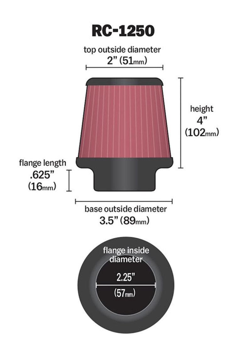 K&N Universal Chrome Filter 2.25 Inch Flange / 3.5 Inch Base / 2 Inch Top / 4 Inch Height-SR1 Performance