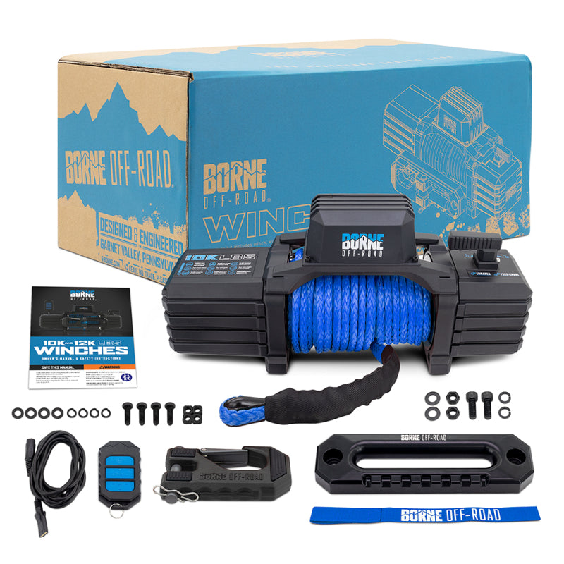 Borne Off-Road 10K Winch with Blue Synthetic Rope - Heavy-Duty Automotive Recovery Gear