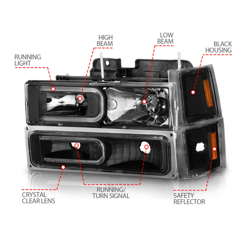 ANZO 88-98 Chevrolet C1500 Crystal Headlight Set with Light Bar and Signal Side Markers, Black Housing, Clear Lens, Pair
