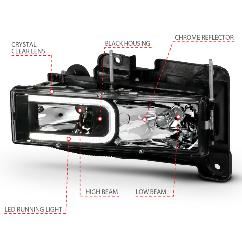 ANZO 1999-2000 Cadillac Escalade Crystal Headlights with LED Light Bar - Black Housing Pair