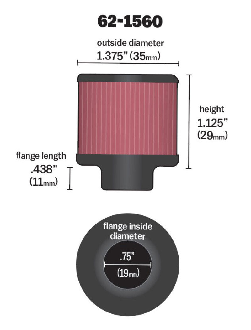 K&N 0.75 inch ID 1.375 inch OD 1.125 inch H Clamp On Crankcase Vent Filter-SR1 Performance
