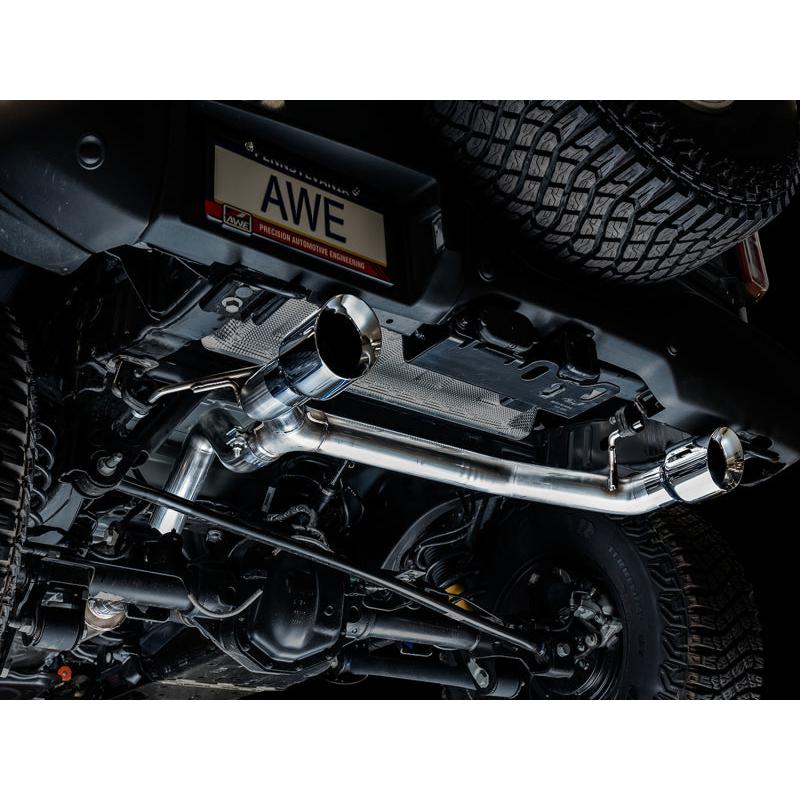 AWE Tuning 2021+ Ford Bronco 0FG Dual Rear Exit Exhaust w/Chrome Silver Tips & Bash Guard