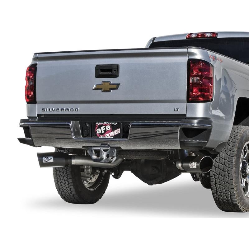 aFe LARGE Bore HD 4in Dual DPF-Back SS Exhaust w/Black Tip 16-17 GM Diesel Truck V8-6.6L (td) LML