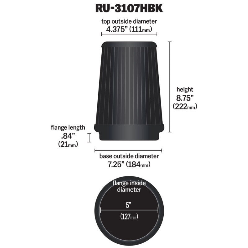 K&N Universal Air Filter (5in Flange / 6-1/2in Base / 4-3/8in Top OD / 8-3/4in Height)-SR1 Performance