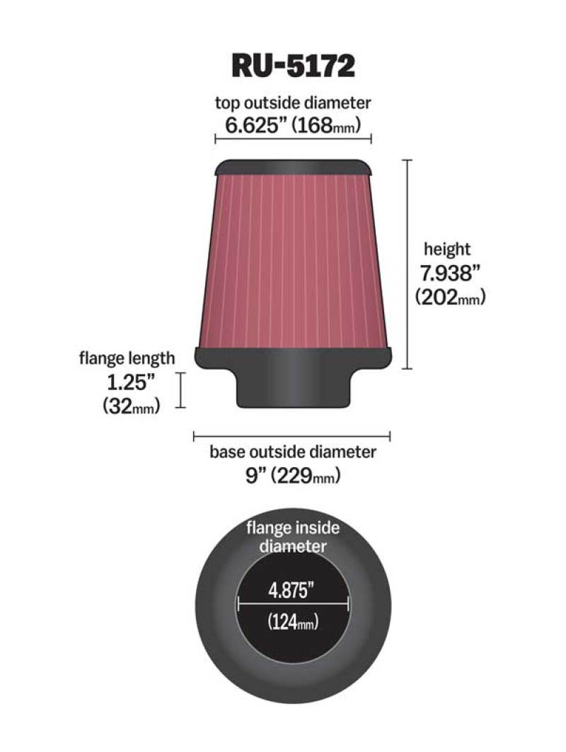 K&N Universal Rubber Filter-Round Tprd 4.875in Flange ID x 9in Base OD x 6.625in Top OD x 7.938in H-SR1 Performance