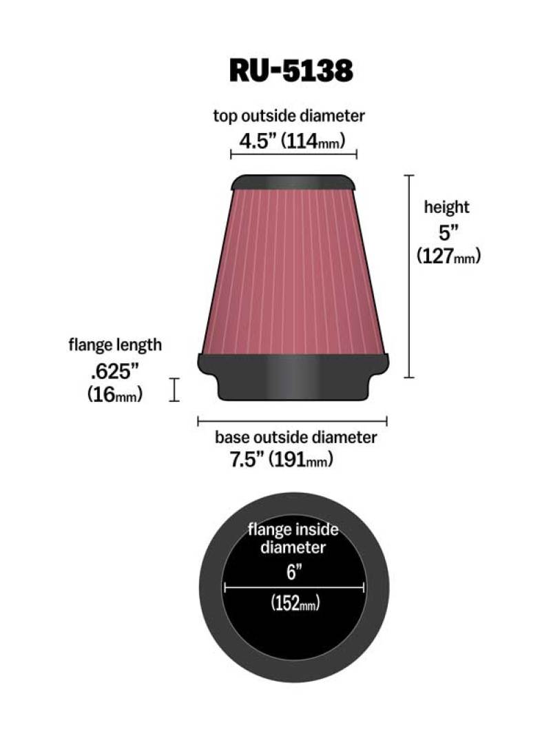 K&N Universal Clamp-On Air Filter 6in FLG / 7-1/2in B / 4-1/2in T / 5in H-SR1 Performance
