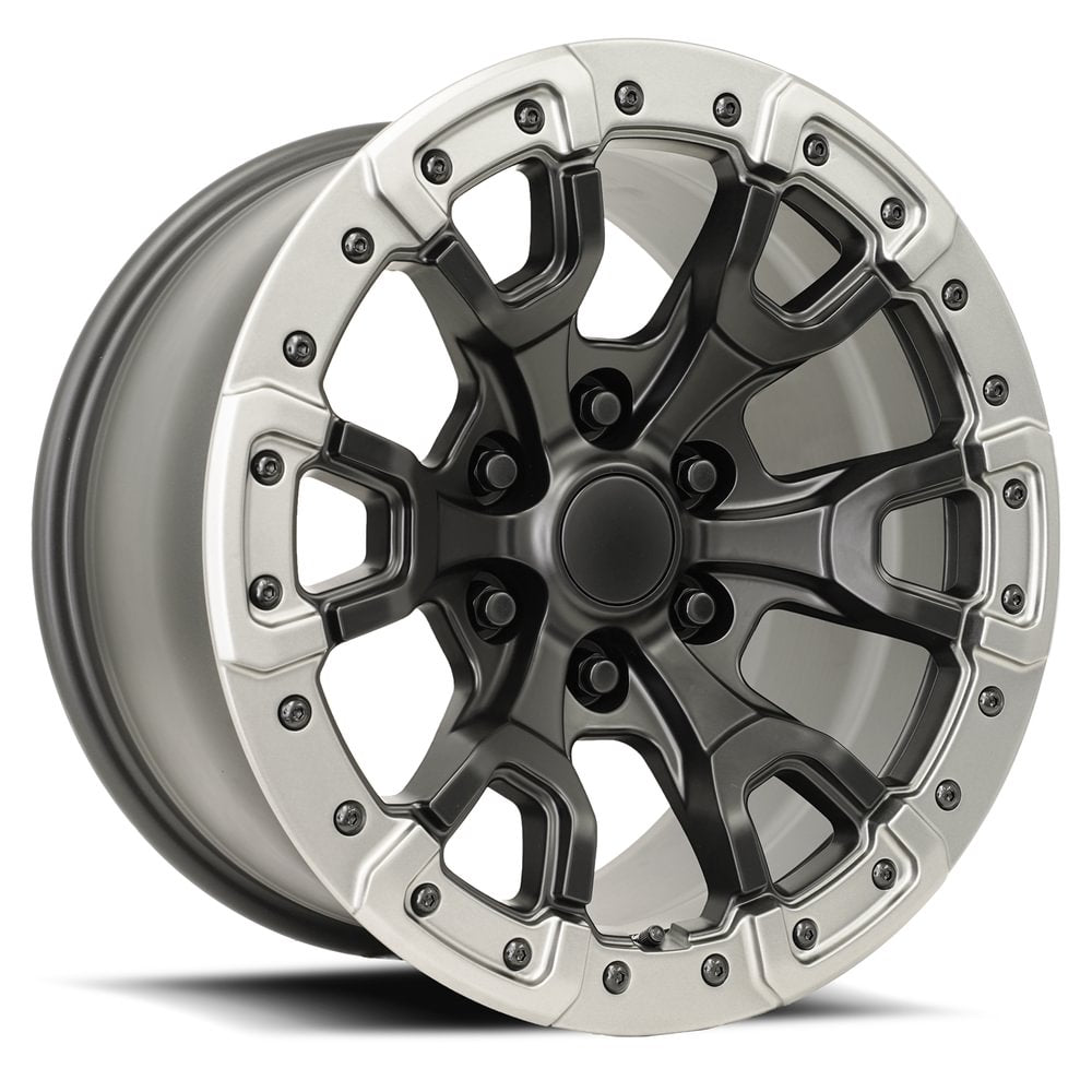 17X9 6X5.5 +18 HB 93.1 BRONCO REPLICA SATIN BLACK/ GRAY RING WITH CAP-SR1 Performance