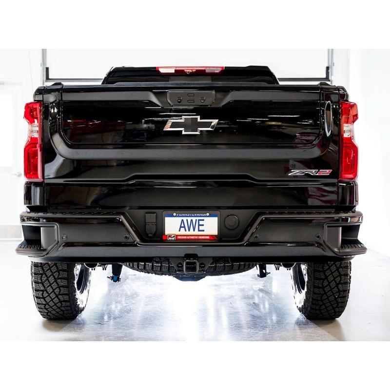 AWE Tuning 22-23 GMC Sierra 1500 AT4X 6.2L 0FG Catback Split Dual (Flat Bumper) - Bashguard(No Tips)