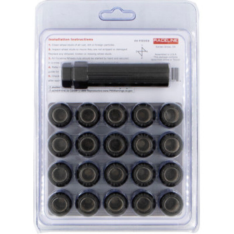 Raceline Spline Lug Nut Kit with Spline Key 12 x 1.5 - Black (20 Pack) - Part RLUG-CS25B