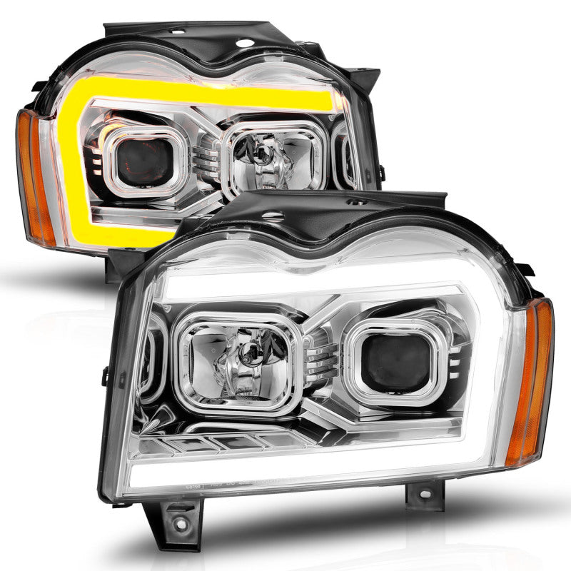 ANZO 05-07 Jeep Grand Cherokee Projector Headlights - w/ Light Bar Switchback Chrome Housing