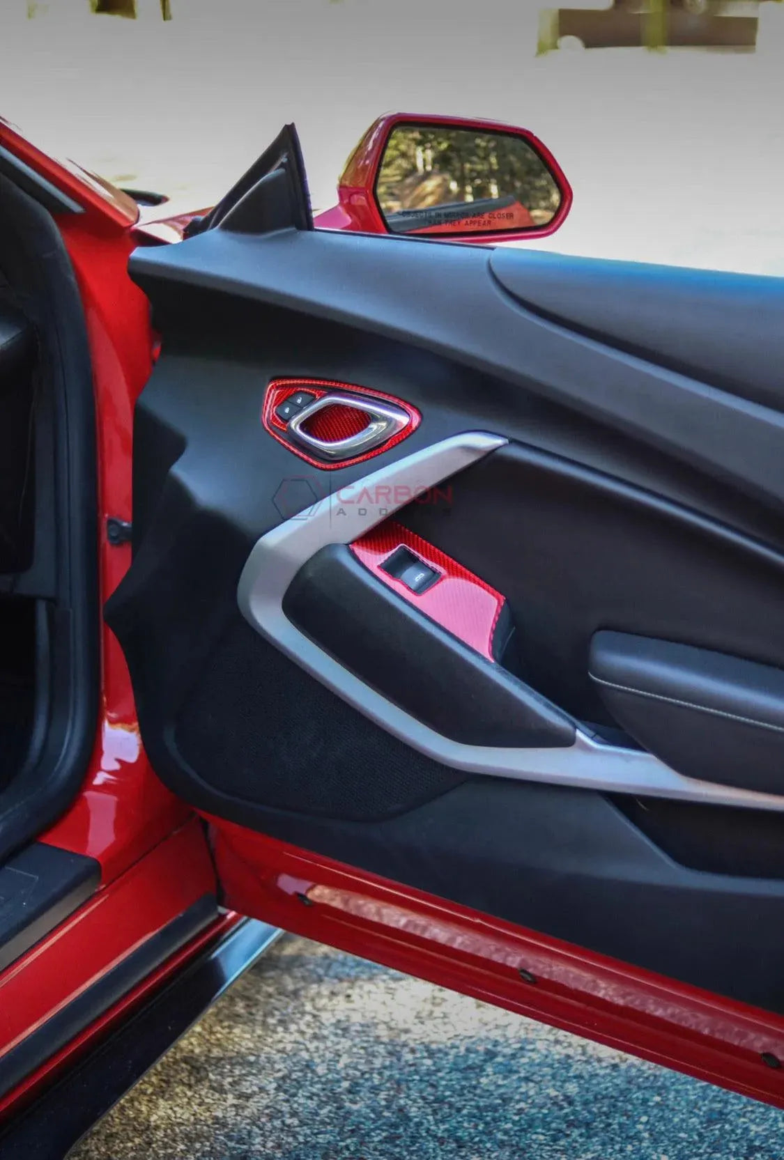 Chevrolet Camaro 2016-2024 Real Carbon Fiber Interior Door Handle Overlay - carbonaddons Carbon Fiber Parts, Accessories, Upgrades, Mods