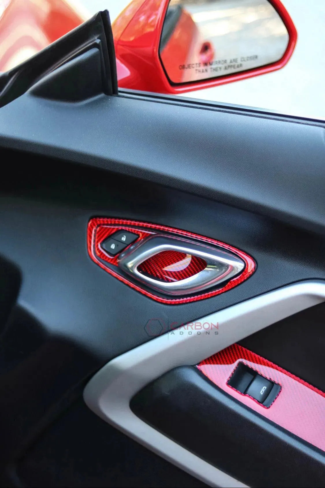 Chevrolet Camaro 2016-2024 Real Carbon Fiber Interior Door Handle Overlay - carbonaddons Carbon Fiber Parts, Accessories, Upgrades, Mods