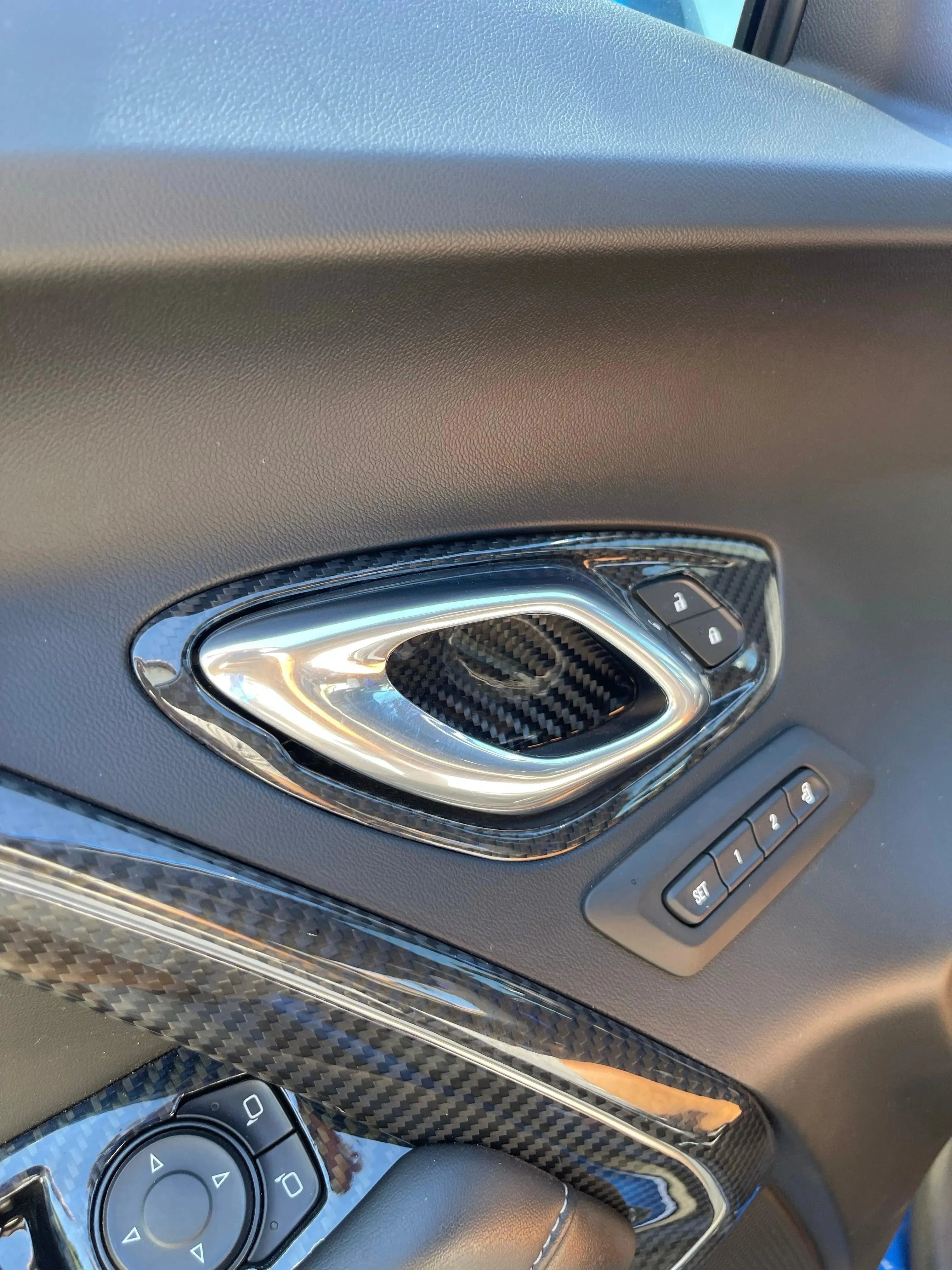 Chevy Camaro 2016-2024 Interior Door Handle Trim Carbon Fiber Cover - carbonaddons Carbon Fiber Parts, Accessories, Upgrades, Mods