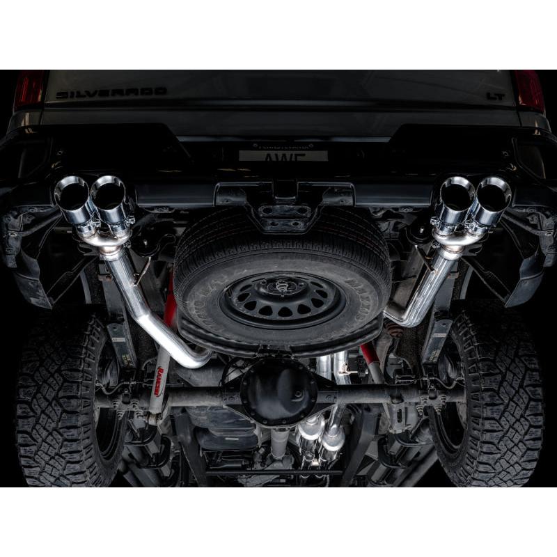 AWE Tuning 4th Gen GM 1500 6.2L 0FG Catback Split Rear Exit (w/ Bumper Cutouts) - Quad Chrome Tips