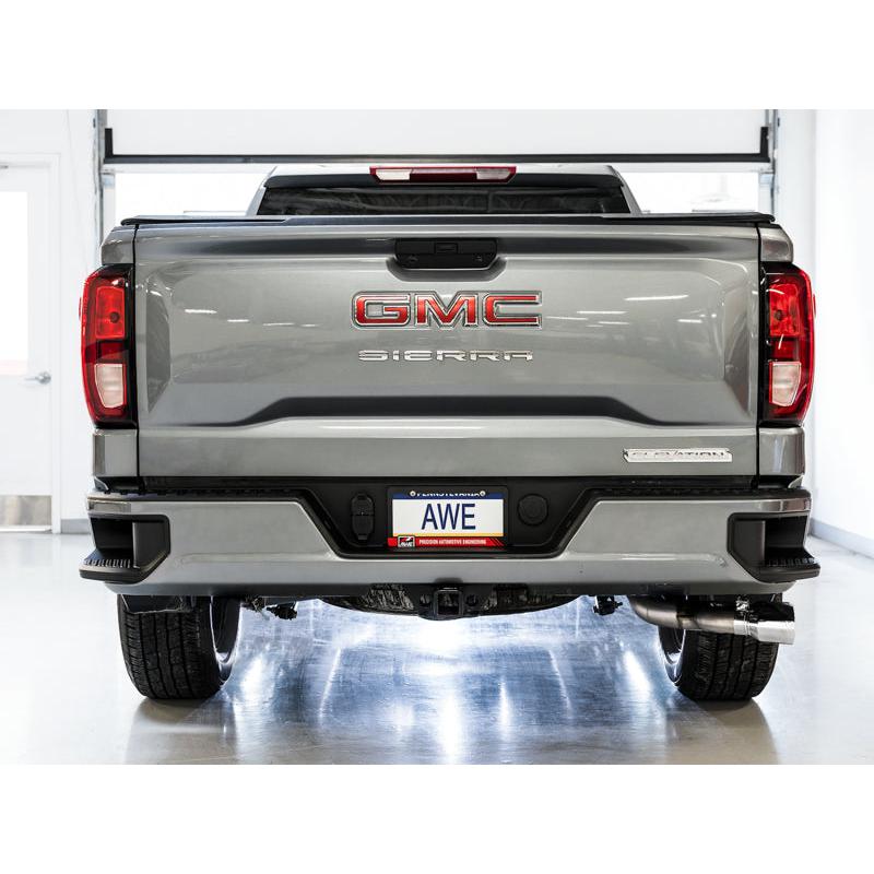 AWE Tuning 4th Gen GM 1500 5.3L 0FG Catback Dual Side Exit (Flat Bumper) - Chrome Tips