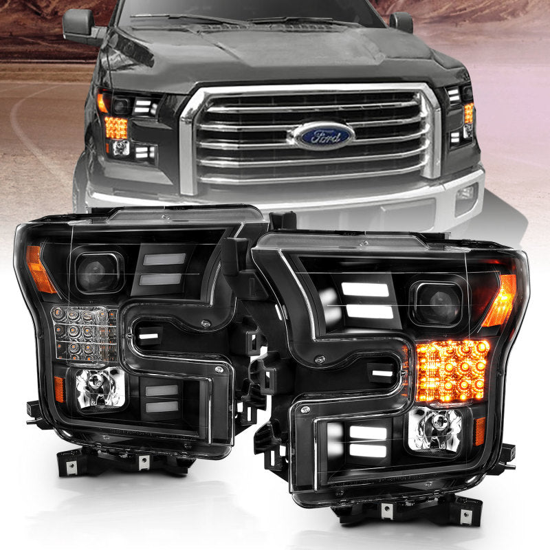 ANZO 15-17 Ford F-150 Project Headlights w/ Plank Style Design Black w/ Amber Sequential Turn Signal