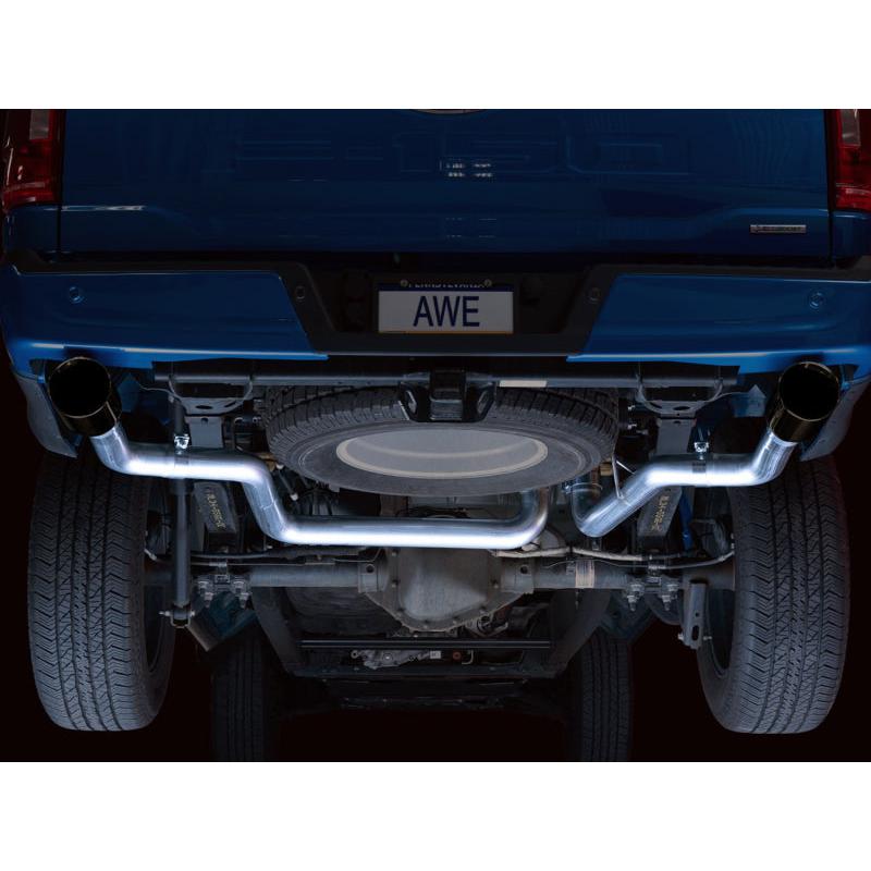 AWE 0FG 21+ Ford F150 Dual Split Rear Cat-Back Exhaust- 5in Diamond Black Tips